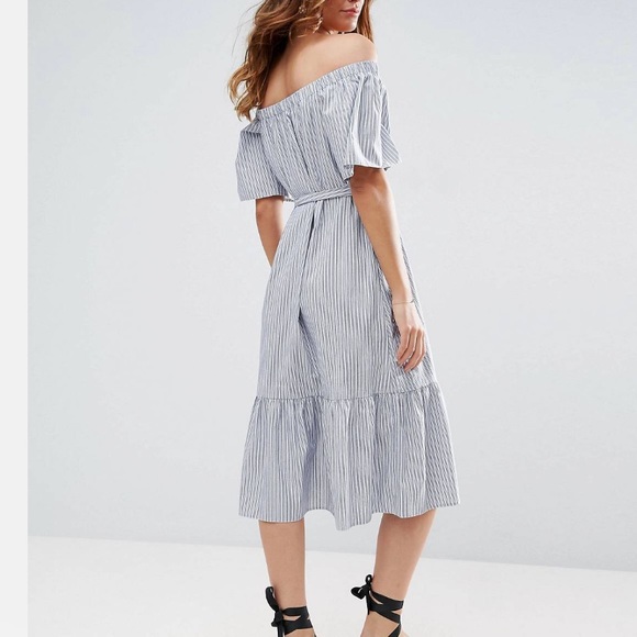 🛑SOLD ASOS Off the Shoulder Cotton MIDI Dress in Blue Stripe Size 6 - Picture 3 of 11